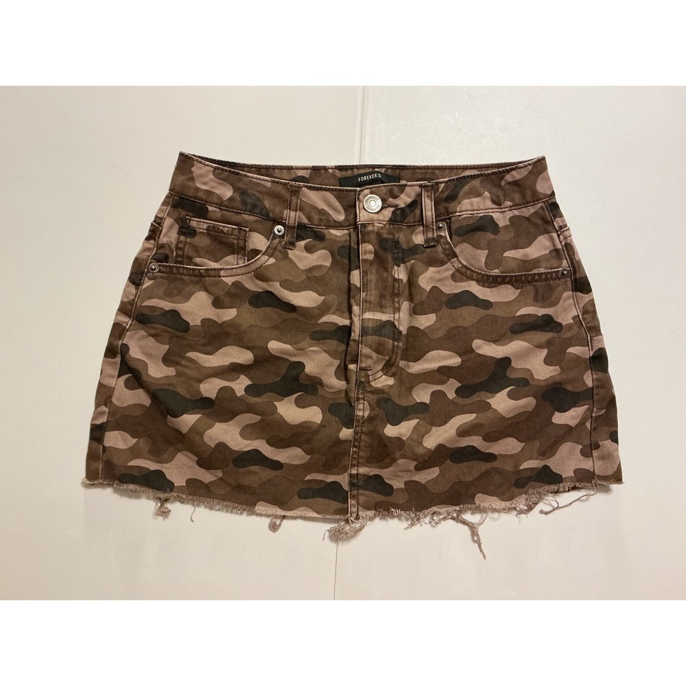 Y2K Forever 21 Camo Denim Mini Skirt Brown Tan Sexy Raw Hem Military Sz S